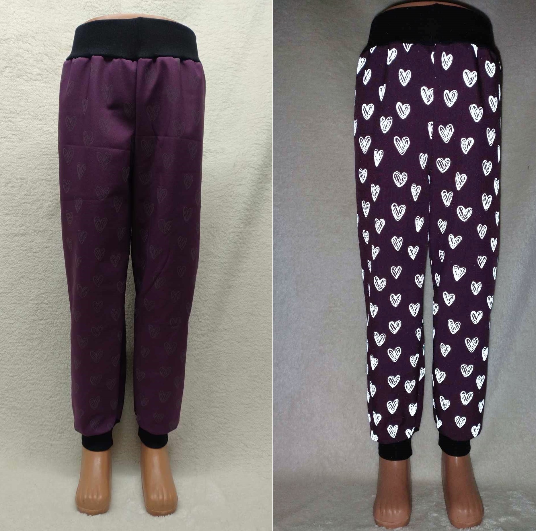 Softehellové kalhoty s fleece , vel. 92 reflexní srdíčka na bordó