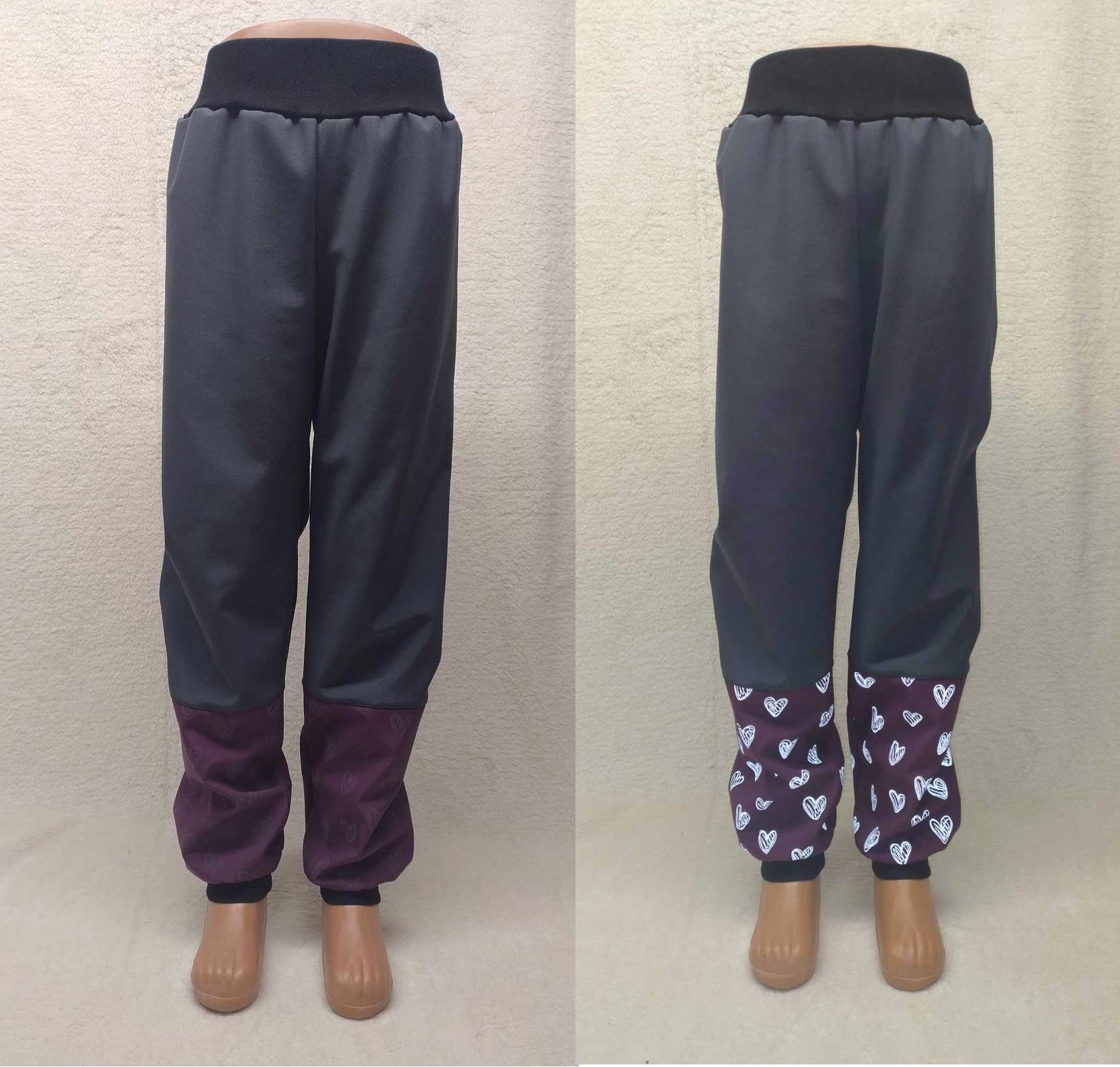 Softehellové kalhoty s fleece , vel. 134 šedé s reflexní srdíčka na bordó 