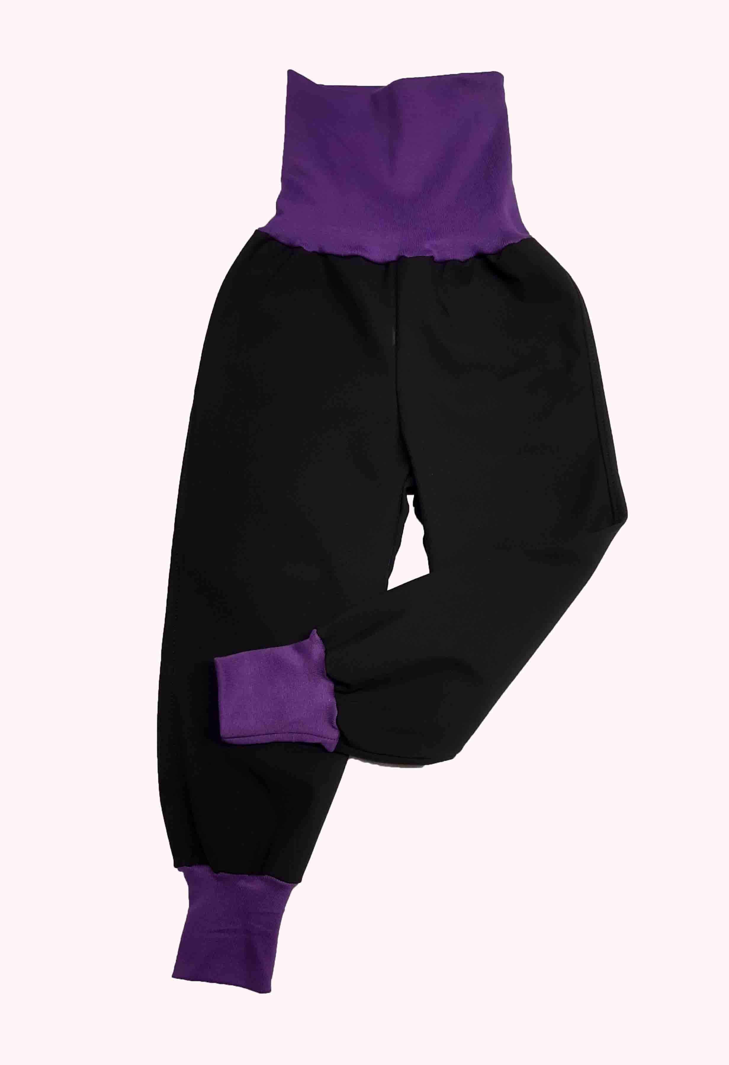 Softshellové kalhoty s fleecem odlehčené rostoucí, vel.128/134, černé s fialovou
