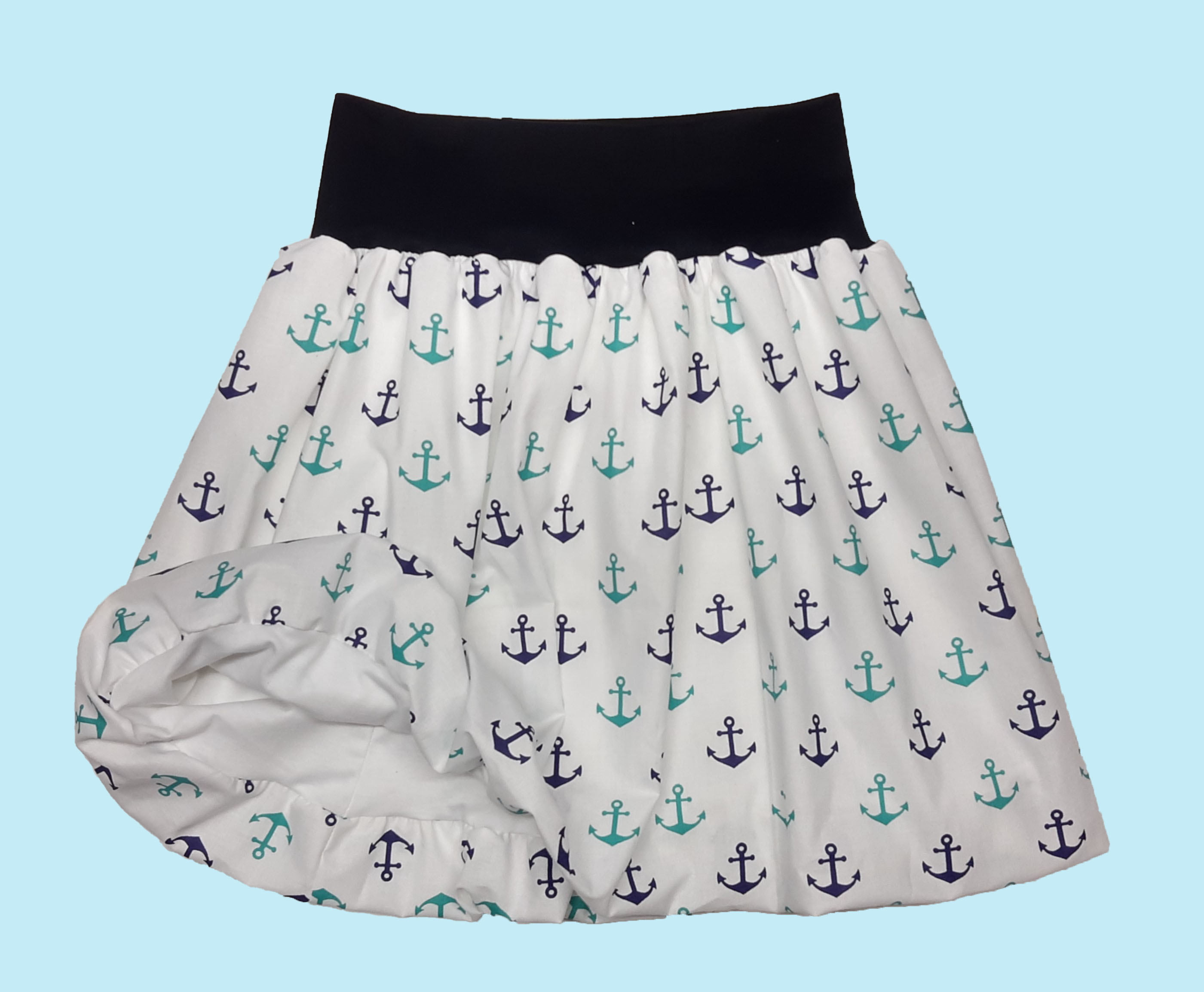 Balónová sukně dámská nebo dětská, bílá s kotvami, v pase černá 