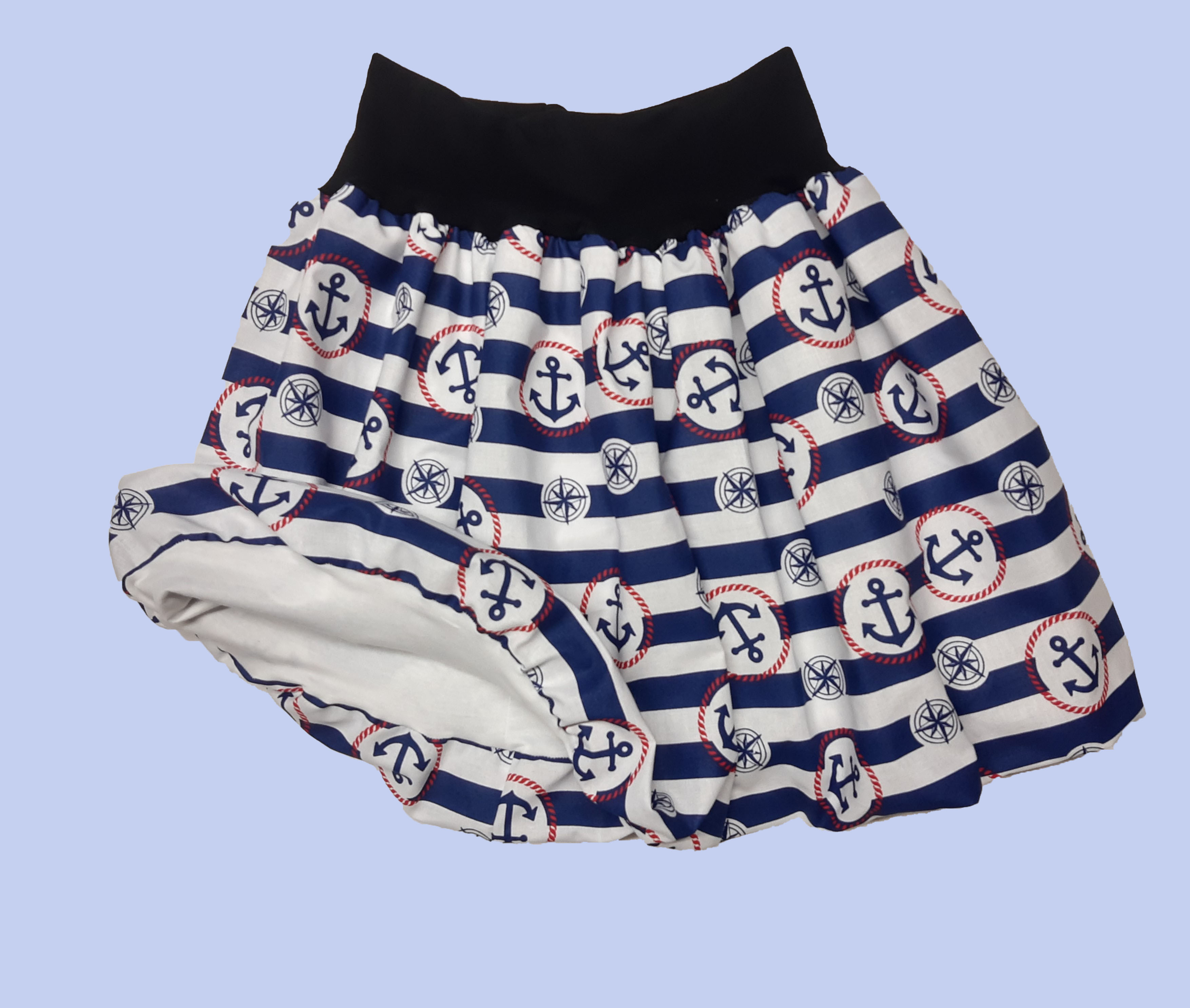 Balónová sukně dámská nebo dětská, kotvy na modrých proužcích, v pase černá 