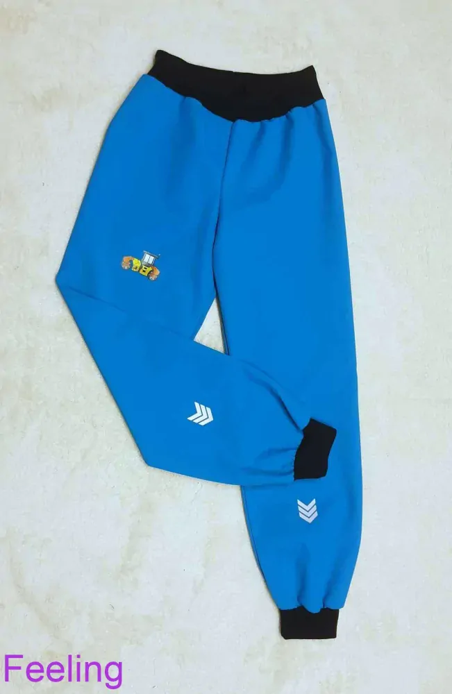 Softshellové kalhoty letní, vel. 122, tyrkys s černou reflexními prvky a obrázkem