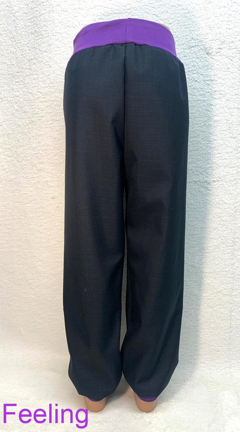 Softehellové kalhoty s beránkem, vel. 140, černé s fialovou