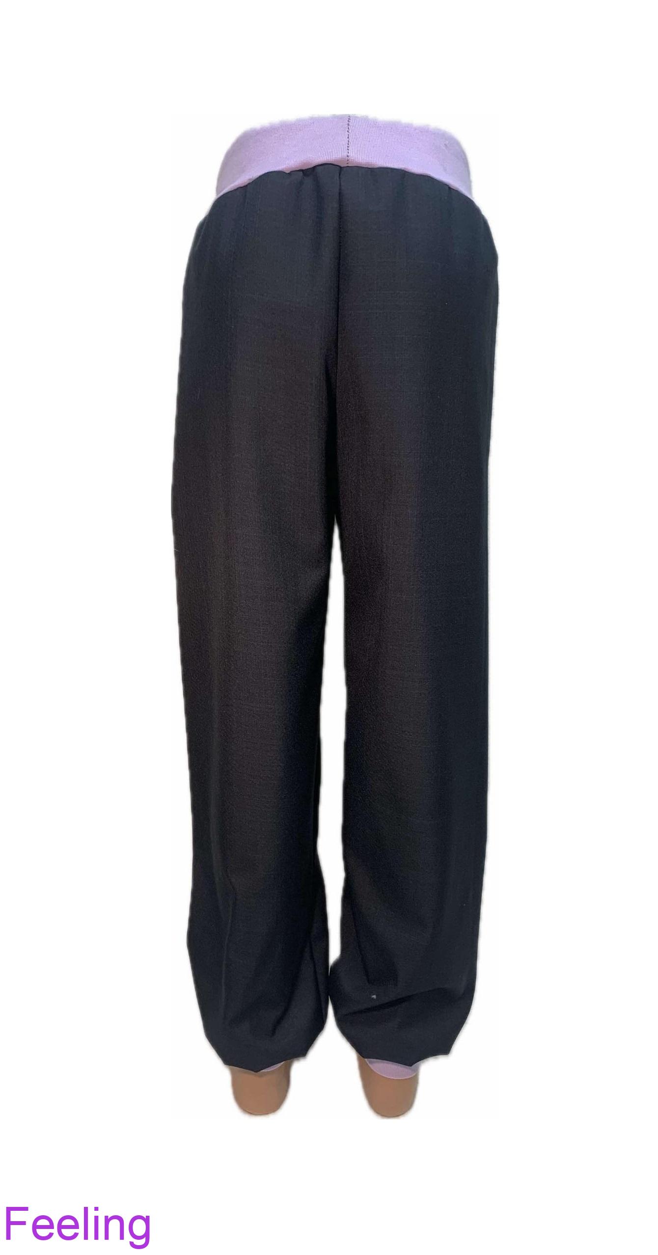 Softehellové kalhoty s beránkem, vel.140 černé se světle fialovou