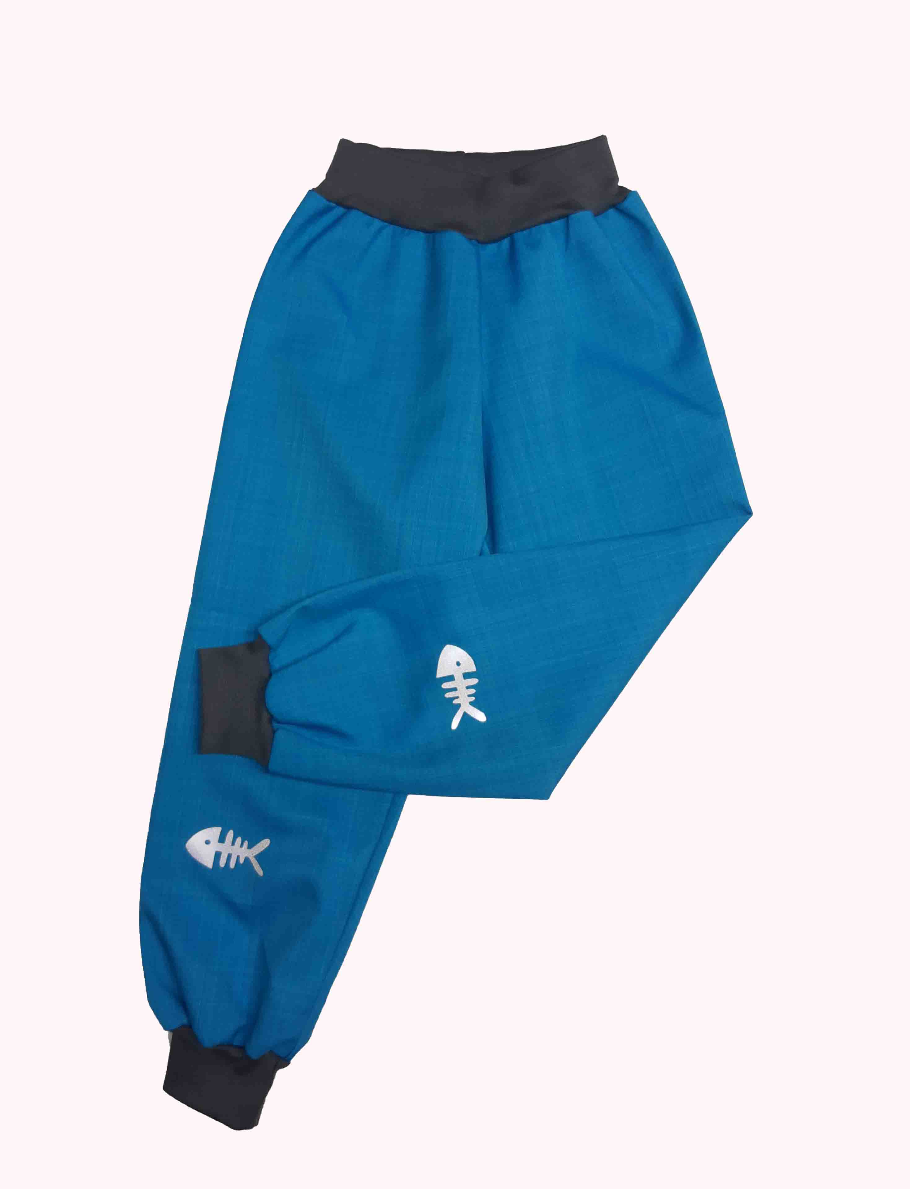 Softshellové kalhoty jarní/podzimní s úpletem, tyrkys s šedou