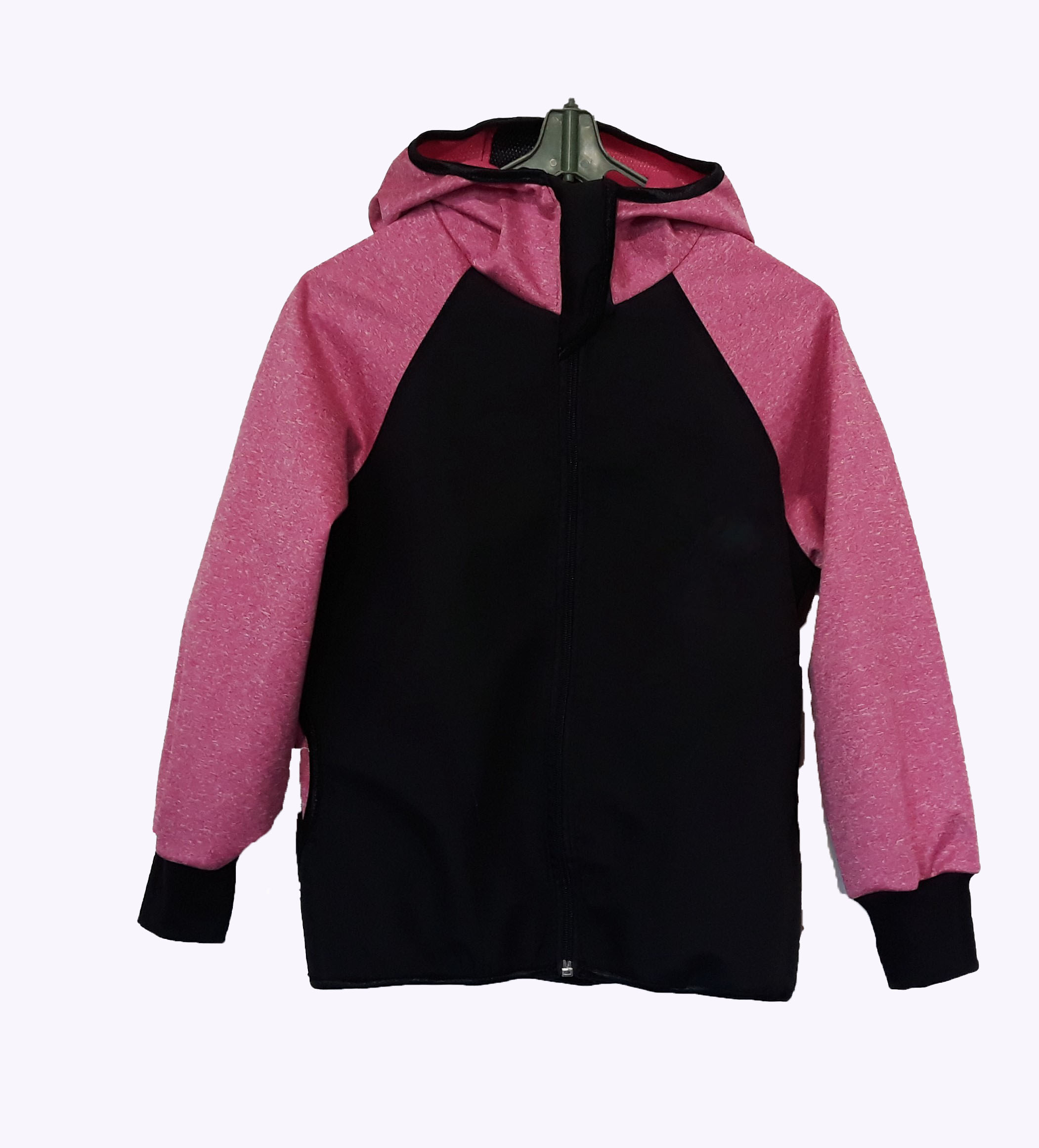 Softshellové bunda  s fleecem, s kapucí, černá a růžovím melírem 