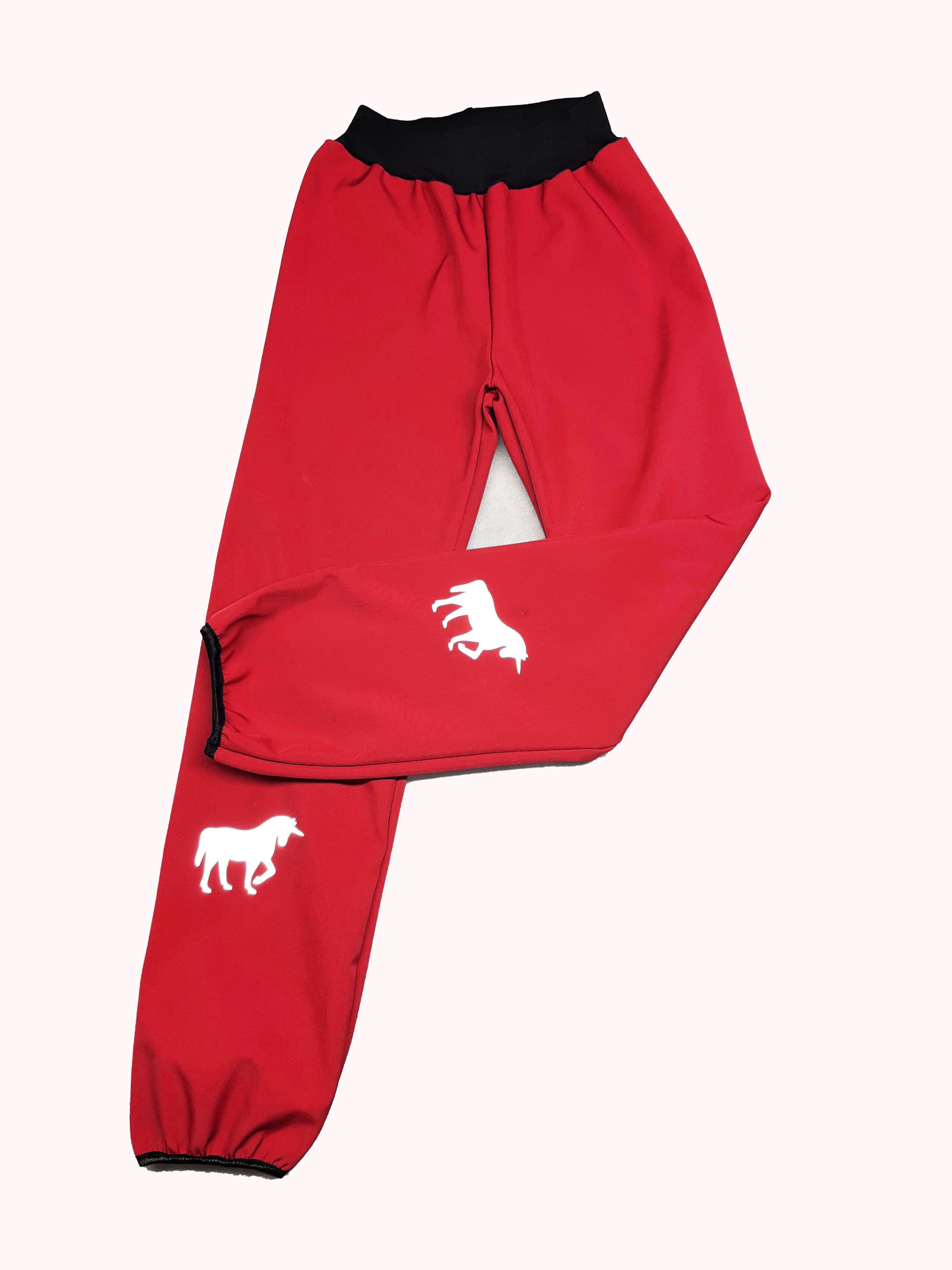 Feeling, softshellové kalhoty s fleecem, zakončené do lemovací gumičky, červeno černé.