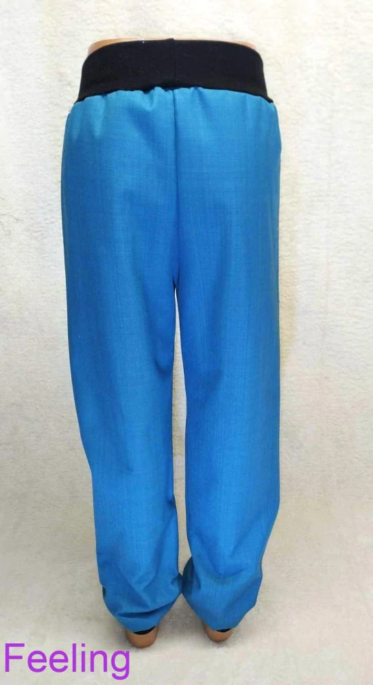 Softehellové kalhoty s beránkem, vel. 140, tyrkys s černou