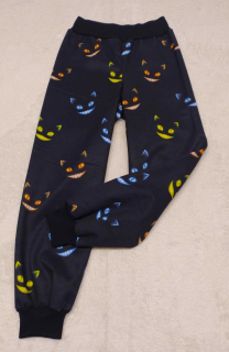 Softehellové kalhoty s fleece , vel. 134, černé s tváři kočky 