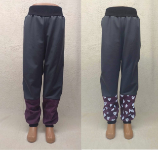 Softehellové kalhoty s fleece , vel. 92 šedé s reflexní srdíčka na bordó 