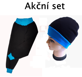 Set softshellové kalhoty s fleece + čepice,  černé s tyrkys, vel.122