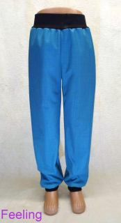 Softehellové kalhoty s beránkem, vel. 140, tyrkys s černou