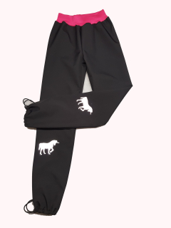 Feeling, softshellové kalhoty letnínohavice na stahování černé s růžovou a ref. jednorožce 2 ks 