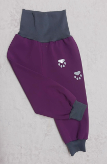 Softshellové kalhoty s fleece , vel. 80, fialové s šedou, vyšší lem v pase s reflexími prvky 