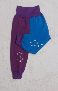 Softshellové kalhoty s fleece, vel. 86, fialové s tyrkys a reflexními prvky, vyšší lem v pase