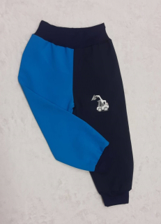 Softshellové kalhoty s fleece, vel. 86, tmavě modré s tyrkys a obrázkem 
