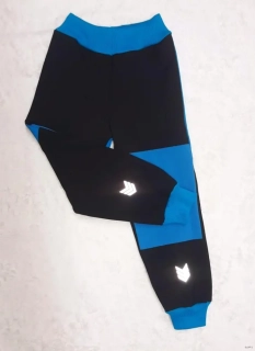 Softshellové kalhoty s fleece, vel.104, černé s tyrkys a reflexními prvky