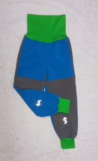 Softshellové kalhoty s fleece, vel.104, šedé s tyrkys limetkové lemy a reflexními prvky, vyšší lem v pase