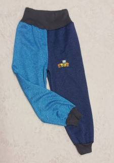 Softshellové kalhoty s fleece, vel.104,tyrkys melír s modrým melírem a obrázkem, v pase vyšší lem