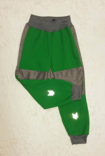 Softshellové kalhoty s fleece, vel.104, zelené s šedou a reflexními prvky