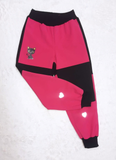 Softshellové kalhoty s fleece, vel.110,černé s růžovou, obrázek kočičky a reflexními prvky