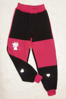 Softshellové kalhoty s fleece, vel.116,černé s růžovou, obrázek kočičky a reflexními prvky