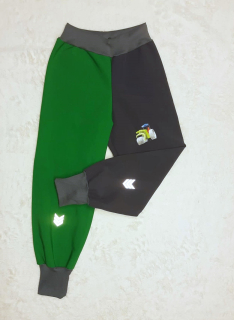 Softshellové kalhoty s fleece, vel.110, zeleno šedé s aplikací a reflexními prvky