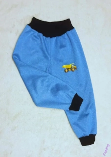 Softshellové kalhoty s fleecem, vel. 86, tyrkys melír s černou a obrázkem 