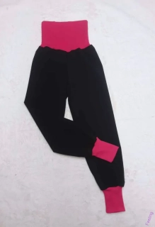 Softehellové kalhoty s letní rostoucí  vel. 104/110, černé se růžovou