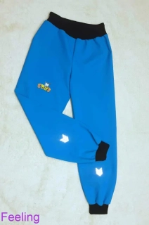 Softshellové kalhoty letní, vel. 122, tyrkys s černou reflexními prvky a obrázkem