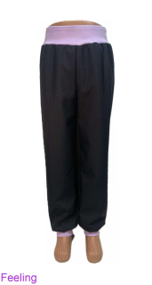 Softehellové kalhoty s beránkem, vel.134 černé se světle fialovou