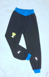 Softshellové kalhoty s fleecem, vel. 122, šedé s tyrkys, reflexními prvky a obrázkem