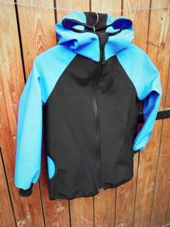 Feeling, softshellová bunda jaro/podzim z rubu úplet, s kapucí, černo tyrkysová 