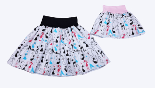 Feeling, SET dámská sukně + dětská, bílá s barevnými kočičkami, dámská pas černý, dětská pas sv. růžoví 