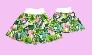 Feeling, SET dámská sukně + dětská, plameňák  na listech džungle , pas bílí 