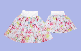 Feeling, SET dámská sukně + dětská, bílá s obrázky orchidejí a kolibříky, pas bílí