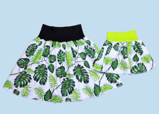 Feeling, SET dámská sukně + dětská, bílá se vzorem džungle, dámská pas černý, dětská pas hráškoví