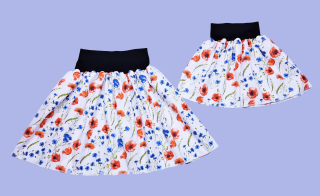 Feeling, SET dámská sukně + dětská, bílá s květy vlčích máku, pas černý 