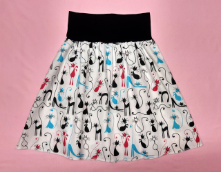 Feeling, letní sukně dětská/dámská, Bílá s barevnými kočičkami, lem bílí 